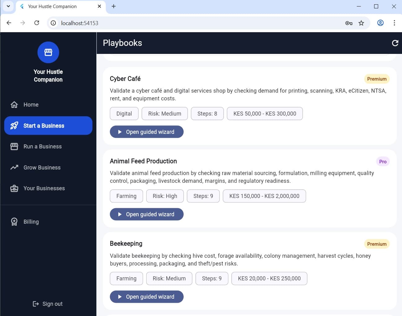 Business Companion playbooks list showing guided business ideas with risk level and startup costs