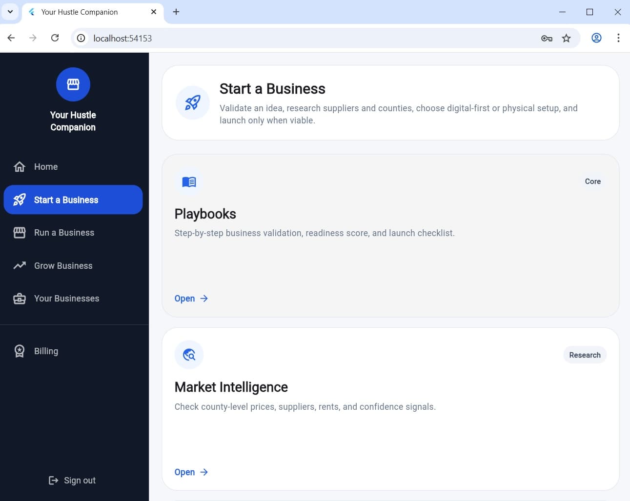Business Companion Start a Business screen showing Playbooks and Market Intelligence cards